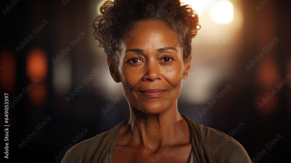 A mature woman with richly aged, chestnutcolored skin. Her face, lined with experience and graced by a warm smile, serves as a beacon of hope that exudes a strong, nurturing spirit.