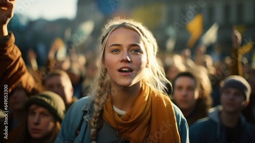 A bright, vivacious girl is seen leading a group of peers in a climate change demonstration. Her blonde hair, braided down her back, bounces as she chants slogans with the crowd. Her eyes photo