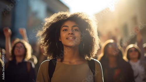 A young woman leads a movement against gender inequality, her light brown skin glowing in the afternoon sun. Her tightly coiled black hair completes the fierce image she portrays a lady