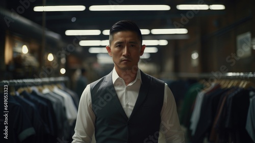 A man of Asian descent, in his thirties, holds years of experience in garment manufacturing. His eyes carry shadows of long hours in the factory, advocating fiercely for labor rights and