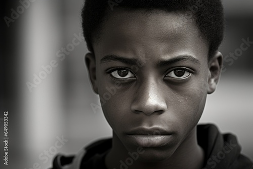 A stern, handsome African American youth bursting with raw energy. His face tells a story of disillusionment, but also of steadfast resilience in the struggle for equality.