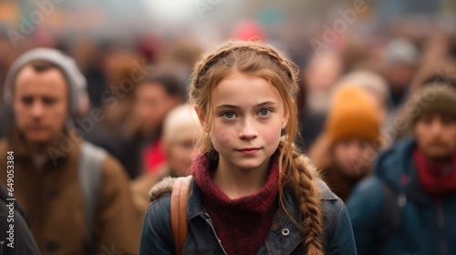 A young girl with pigtails, braving the crowd. Her eyes, upturned with hope, tell a tale of a future she aspires to see. Her innocence in the midst of all amplifies the significance of the