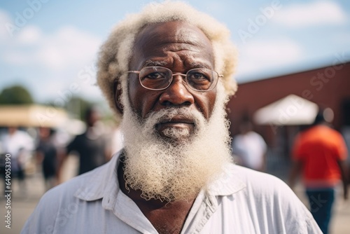 An elderly man with a white beard, the lines on his face a testament to lifes ups and downs. As a civil rights activist back in the day, his fight for voting rights continues unabated. photo