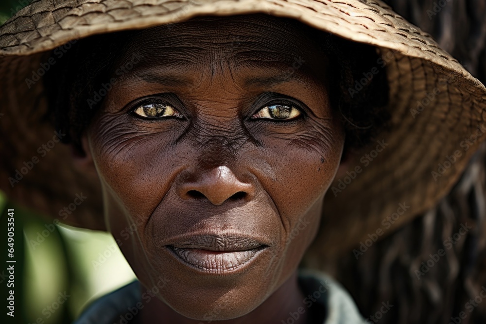 A Haitian single mother, her creased ebony face showing years of fighting climate change effects on her subsistence farming. Her embodied resilience is a testament to her belief in climate - obrazy, fototapety, plakaty 