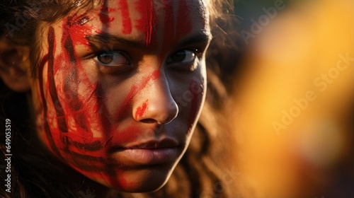 A young Aboriginal woman, her face painted with traditional markings, her eyes ablaze with fierce determination as she fights to protect her ancestral lands from the devastating effects