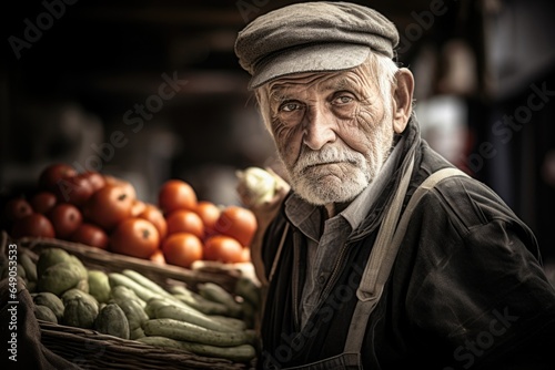 An elderly gentleman, firm in stature but gentle in demeanor, manages a farmers market stand overflowing with vibrant fruits and vegetables. His face, etched with wrinkles, carries a story