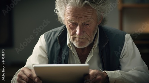 We see an elderly gentleman with saltandpepper hair and piercing blue eyes thoughtfully navigating a tablet, a symbol of his determination to bridge the digital divide. Lines on his face