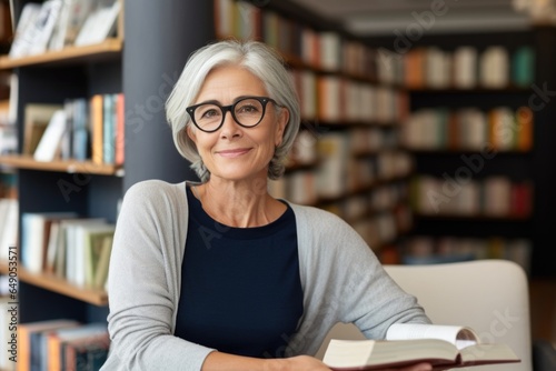 A woman in her 60s, with a studious appearance, glasses resting on her nose bridge, displaying feminism. She has a calm demeanor, and a book about womens rights lies open on her lap, expressing
