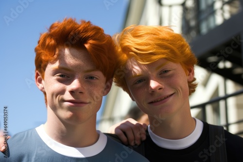 A teenage boy, his face specked with freckles and his ginger hair bright under the sun, stands with his friend in front of a city hall. Donned in a shirt with the slogan, Love is love, his