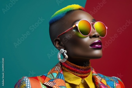 A biual woman, her shortstatured frame adorned in vibrant colors, fights bravely for inclusive education in schools. Her rich melanin skin glows vibrantly against her rainbow accessories