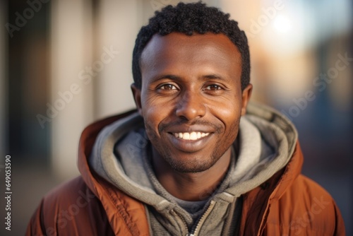 A Somali refugee unwavering as his deepset eyes. He stands tall against landfill disposals  his dark skin setting off his milky white smile  symbolic of hope in the