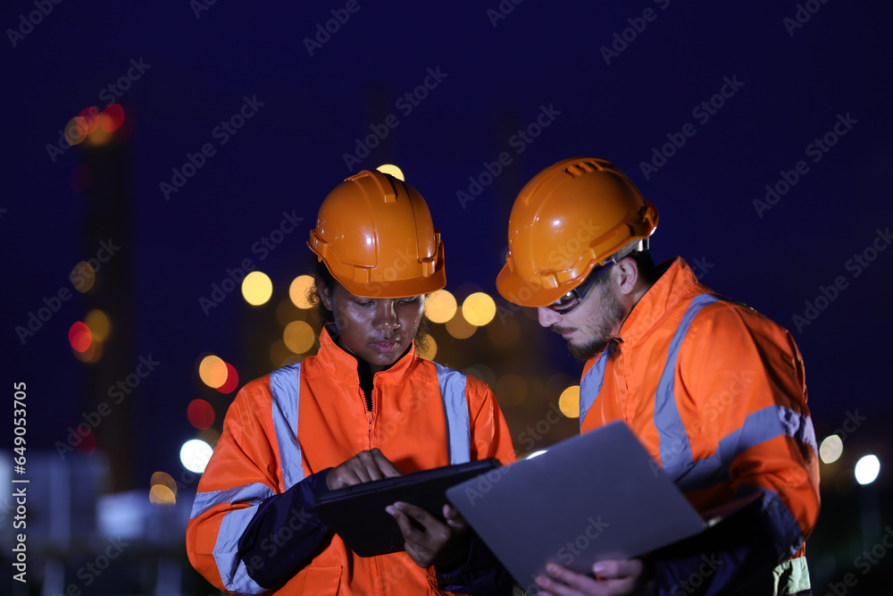 Fototapeta premium A couple of Electrical engineers with red safety jackets and hard hats using tablets and laptops working at a front factory on night shift.