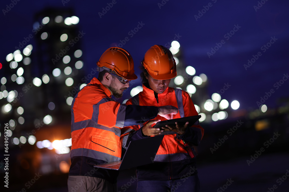 A couple of Electrical engineers with red safety jackets and hard hats