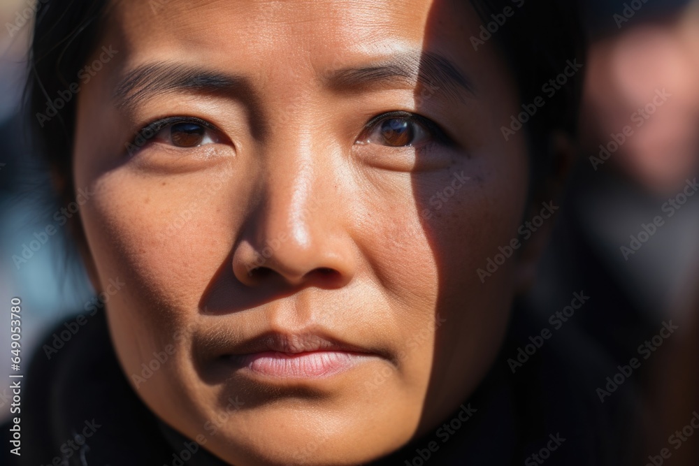 An East Asian woman marches in a rally, calling for reparations to address racial inequality. Her eyes burn with the desire for the overdue justice, reflecting her mission to achieve racial An East Asian woman marches in a rally, calling for reparations to address racial inequality. Her eyes burn with the desire for the overdue justice, reflecting her mission to achieve racial