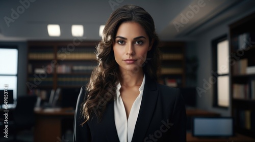 A woman in her professional attire, her sharp eyes show her efficiency. She is a prominent lawyer fighting legal battles for hate crime victims, working tirelessly to seek justice.