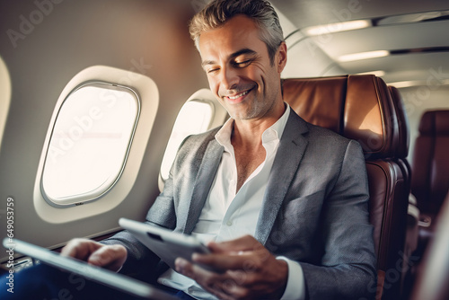 A businessman using a tablet while seated in an airplane photo