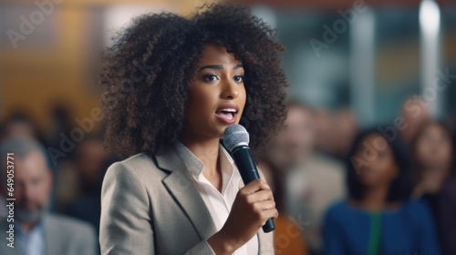 A black woman entrepreneur addresses a powerful speech at a public forum, calling out the racial biases and lack of opportunities for minorities in the corporate sector. Her expressive eyes
