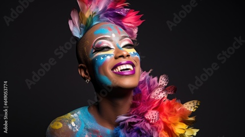 A creative artist with a sparkling smile, using their expressive and thoughtprovoking art forms to bring attention to transgender issues and to challenge societal norms and biases.