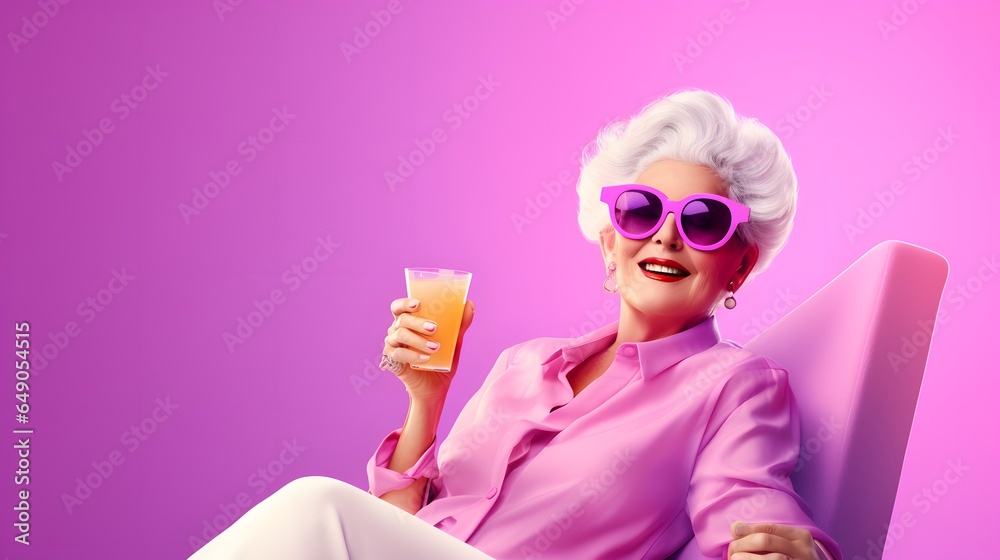 A modern grandmother in a pink outfit enjoys a sunny summer day with a citrus cocktail drink and rests. Pastel pink background. Grandma on vacation. A modern grandmother in a pink outfit enjoys a sunny summer day with a citrus cocktail drink and rests. Pastel pink background. Grandma on vacation.