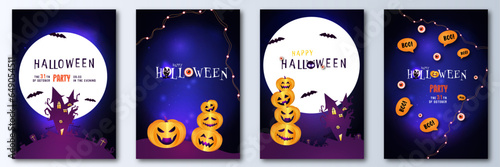 Set of Happy Halloween Party invitation, greeting card, banner or poster. Cute pumpkins, scary eyes, LED lights, moon and bats that appear at night. Design template for advertising, web, social media