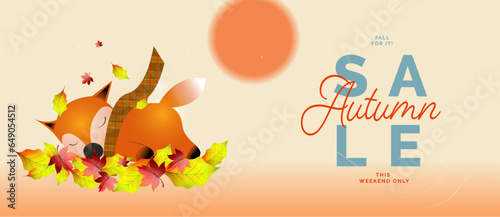 Autumn seasonal background. Autumn season sale poster. While the cute fox cub is sleeping, leaves are falling on her. Hello autumn illustration. photo