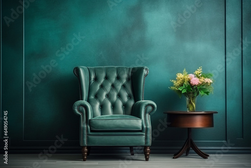 Beautiful luxury classic blue green clean interior room in classic style with green soft armchair. Vintage antique blue-green chair standing beside emerald wall. Minimalist home design. High quality
