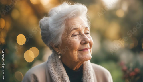 Elderly lady with closed eyes outdoors with copy space
