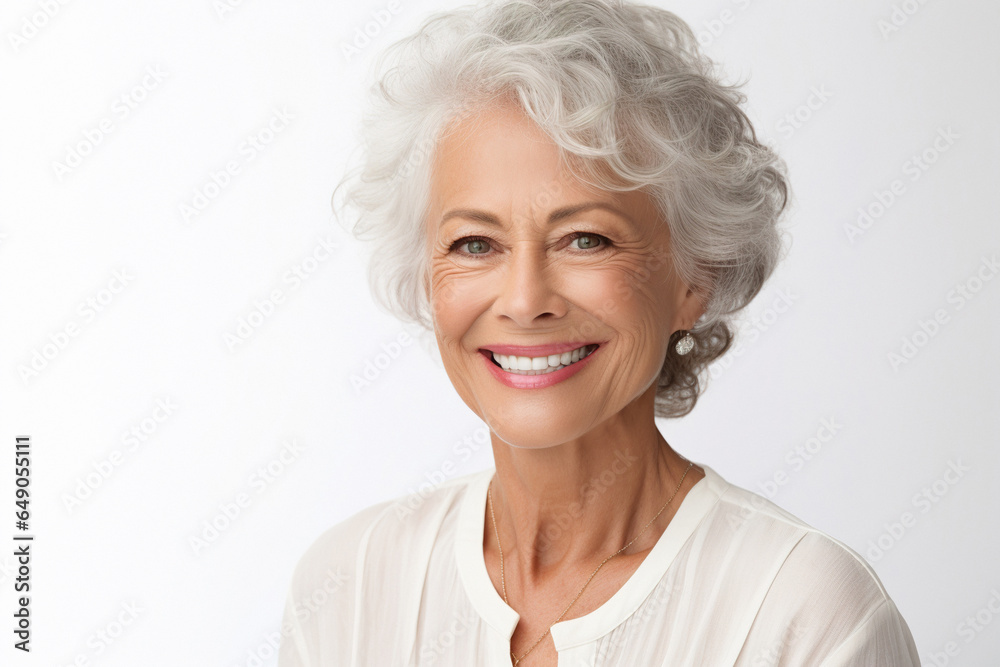 Perfect healthy teeth smile of a senior woman on white background