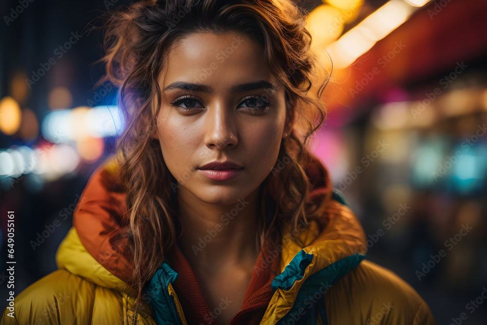 Portrait of a beautiful brunette woman with wavy hair and yellow hooded anorak on the street at night. Colorful scene with tetradric colors.