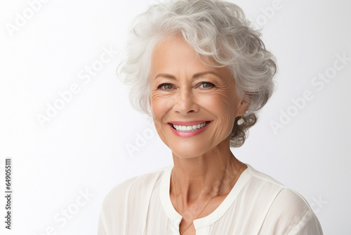 Perfect healthy teeth smile of a senior woman on white background