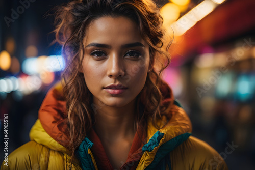Portrait of a beautiful brunette woman with wavy hair and yellow hooded anorak on the street at night. Colorful scene with tetradric colors. © Laura.ozaez