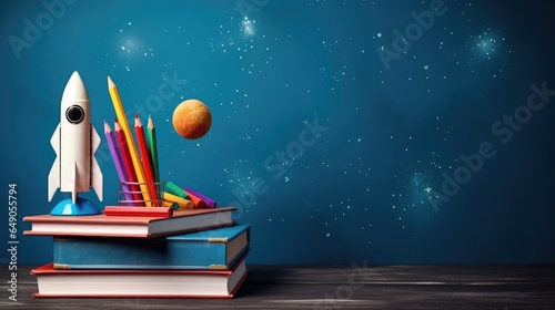 Book rockets placed on the table, improve grades, blue background