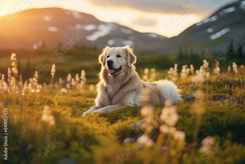 A golden retriever dog sitting outdoors © evening_tao