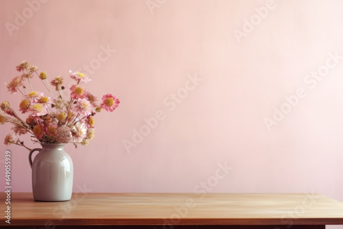 Pale pink background with pink flowers in a vase to one side with copy space  © Lynne Ann Mitchell