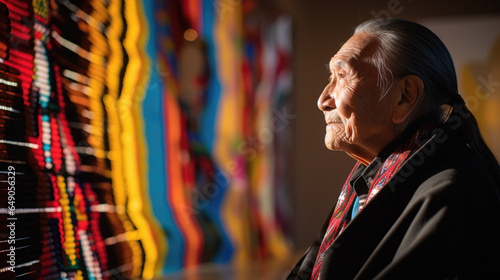 Senior Native American Indian man looking at a tapestry at an art museum