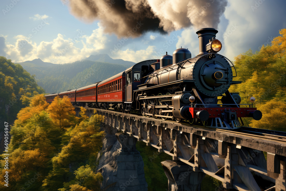 A vintage steam locomotive chugging along a scenic railway, symbolizing the early days of train travel. Generative Ai.