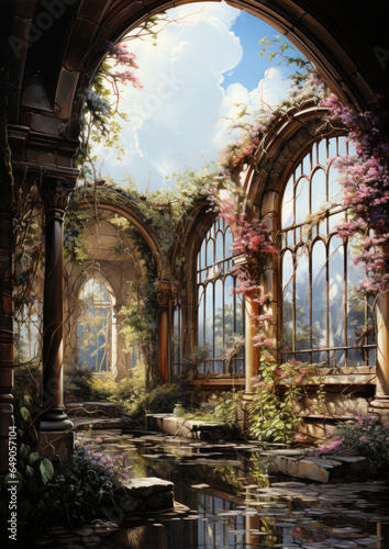 Fantasy old ruins backdrop with architectural arches with reflecting pool and flowering vines 