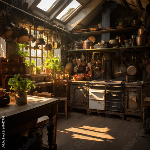 Interior romantic vintage old rustic kitchen with lots of plants and old copper pots with cast iron stove 