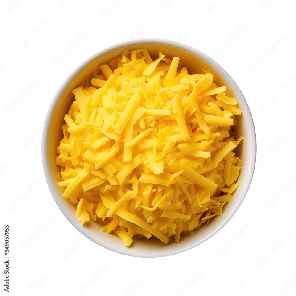 A Bowl of Shredded Cheddar Cheese Isolated on a Transparent Background A Bowl of Shredded Cheddar Cheese Isolated on a Transparent Background