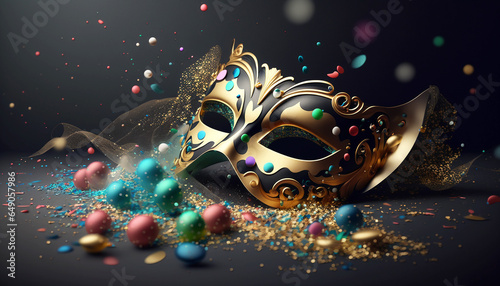 Carnival venetian mask and falling confetties. Dark background. 