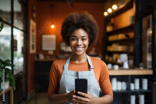 young small business owner holding a smartphone looking at the camera at her shop