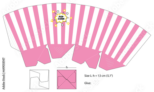 Pink stripped box template with popcorn label on it. Big size container much up on white background. © Albina
