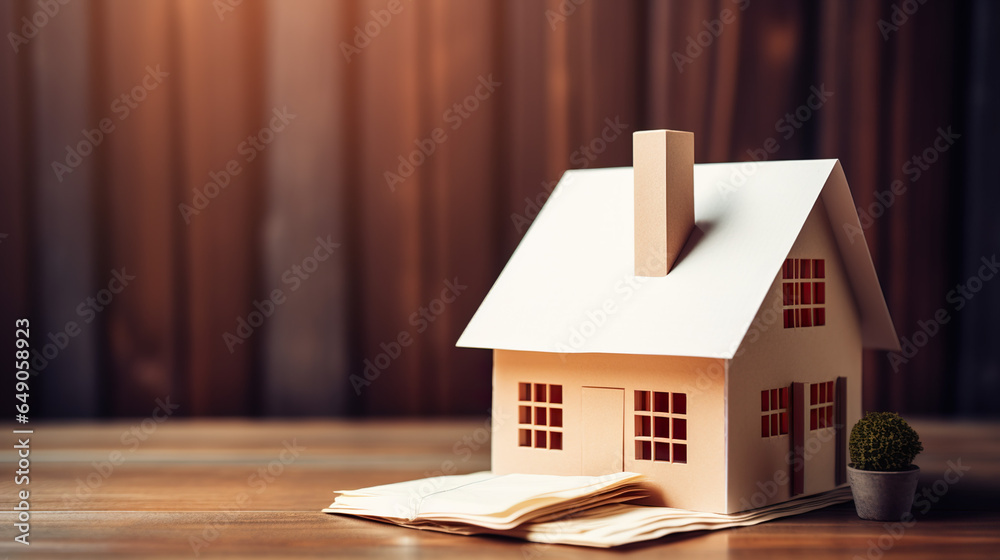 A paper house resting on wooden planks, symbolizing concepts related to family, home loans, financial investments, and property insurance - obrazy, fototapety, plakaty 