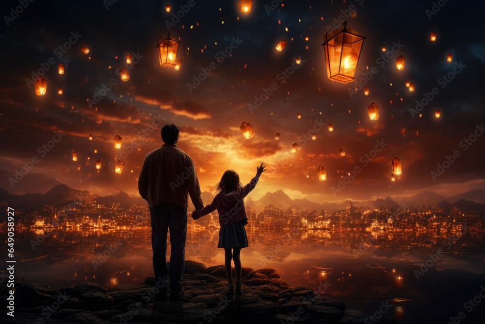 A family releasing a floating lantern into the night sky as a symbol of good fortune. Generative Ai.