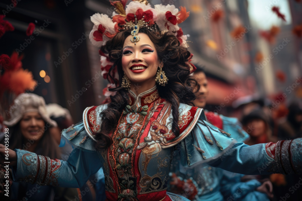 A vibrant and colorful Chinese New Year parade with performers in costumes. Generative Ai.