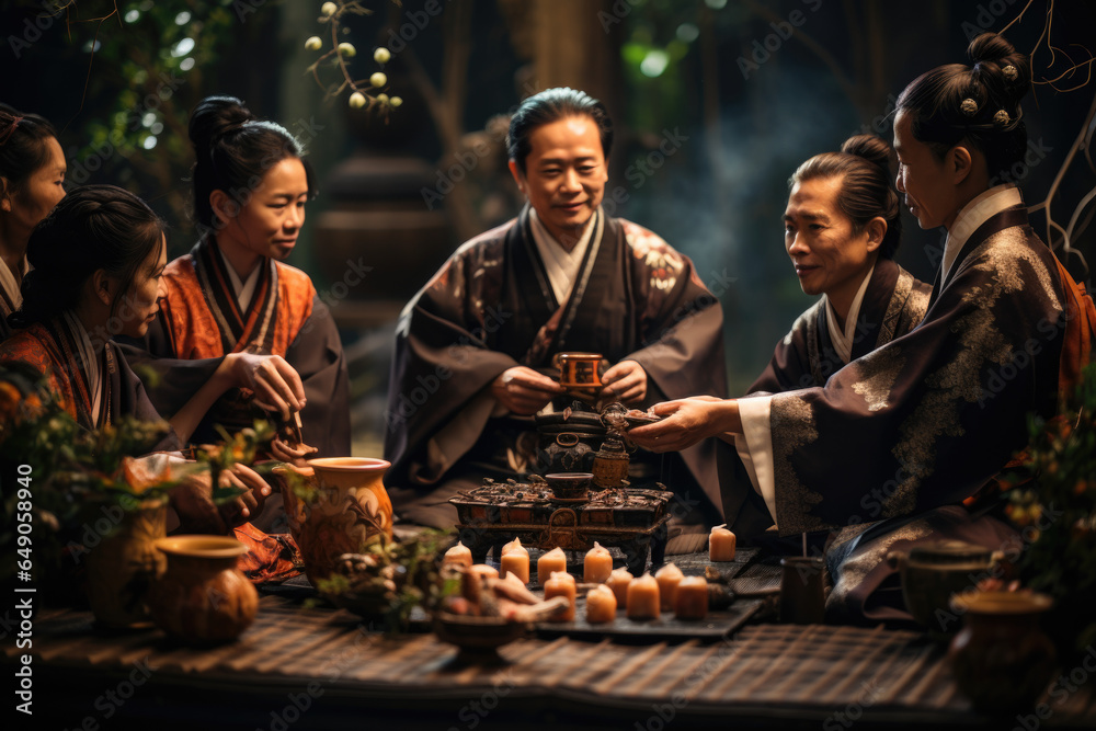 A group of people enjoying a traditional tea ceremony during the celebrations. Generative Ai. A group of people enjoying a traditional tea ceremony during the celebrations. Generative Ai.