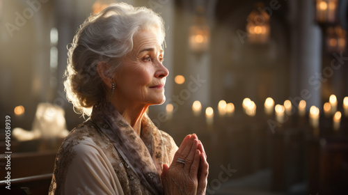 An old woman praying in church