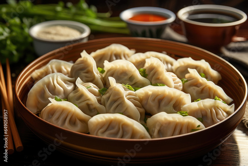 A close-up of a plate of delicious dumplings, a symbol of wealth and prosperity. Generative Ai.