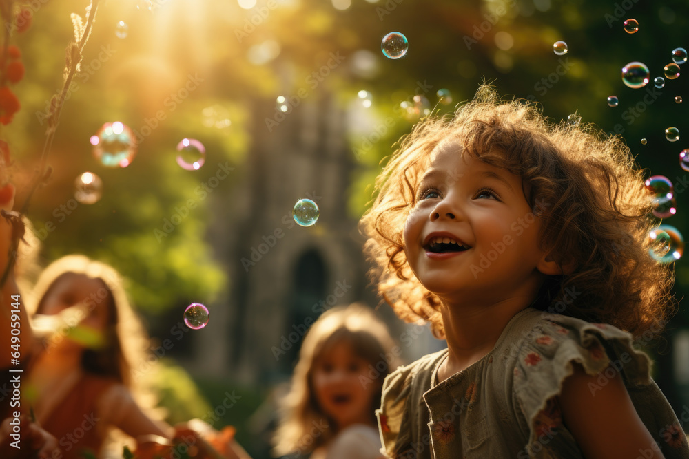 Child's pure delight as they blow bubbles in a park, creating a whimsical scene. Generative Ai. Child's pure delight as they blow bubbles in a park, creating a whimsical scene. Generative Ai.