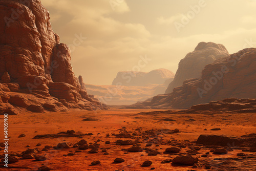 The red Martian landscape with a distant spacecraft visible. Generative Ai.